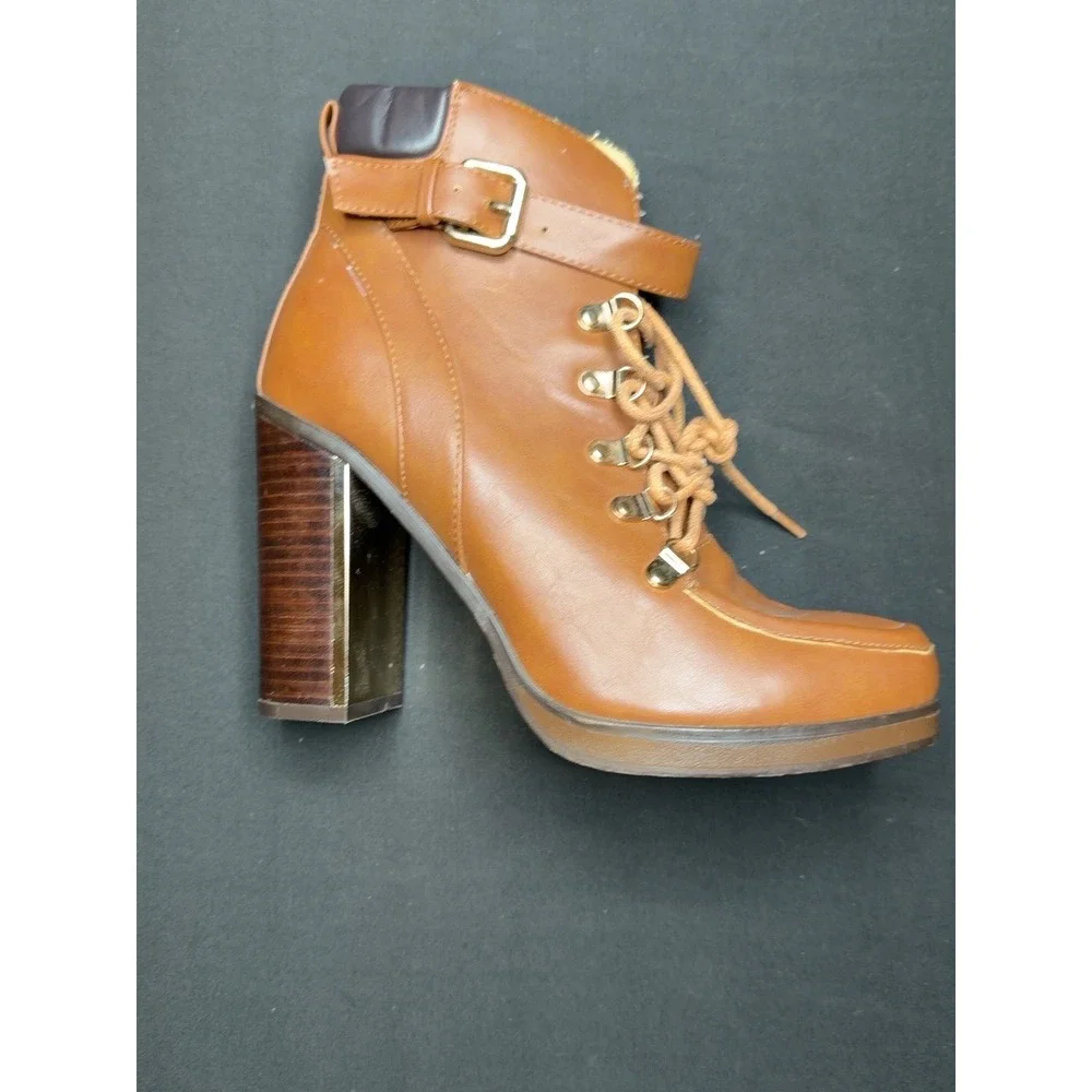 Torrid Womens 10W Cognac Lace Up Heeled Combat Ankle Boots Buckle Zip Wide